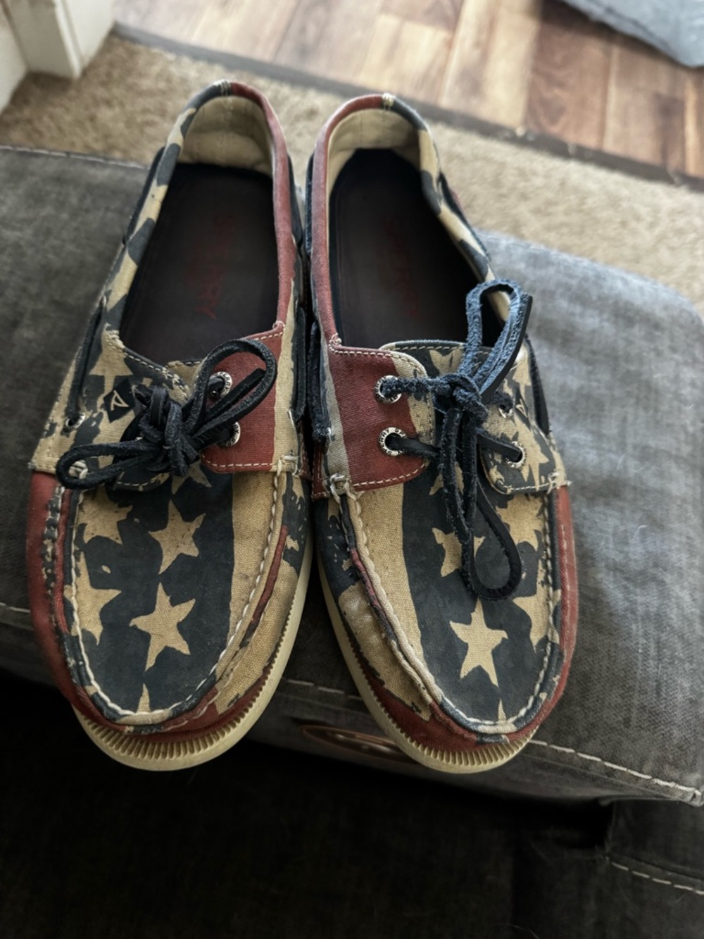 Sperry Men's Star-Print Canvas Boat Shoes in Navy, Tan & Red